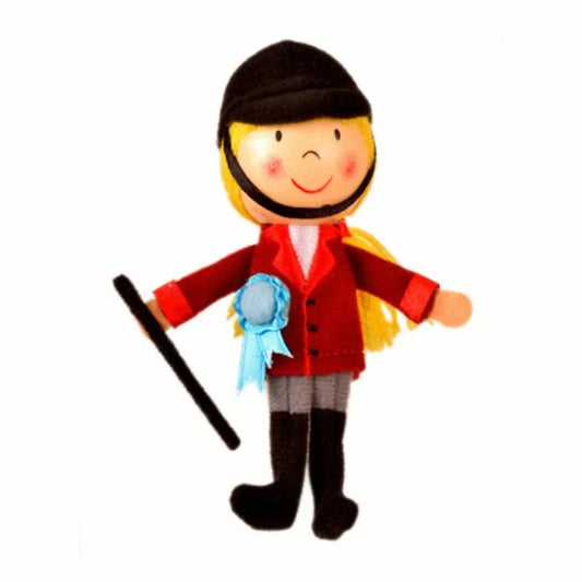 A kids puppet show featuring a Fiesta Crafts Horse Rider Finger Puppet as an equestrian with a stick.