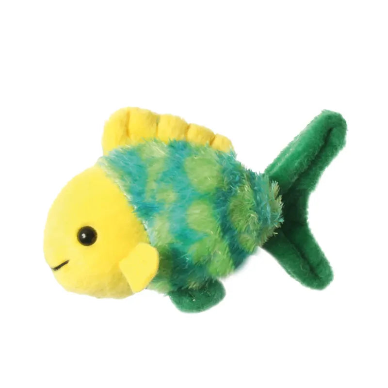 The Puppet Company Fish Finger Puppet is small and plush with a round yellow head, green and blue spotted body, and soft dark green tail. Featuring a stitched black eye, it's perfect for underwater storytelling and imaginative play against a plain white background.
