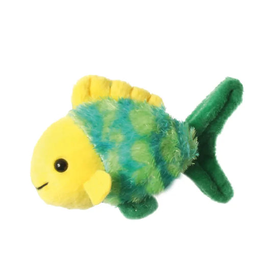 The Puppet Company Fish Finger Puppet is small and plush with a round yellow head, green and blue spotted body, and soft dark green tail. Featuring a stitched black eye, it's perfect for underwater storytelling and imaginative play against a plain white background.