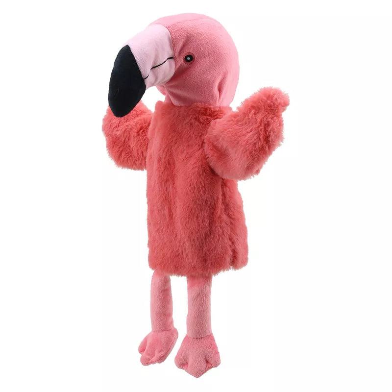 A soft pink ECO Puppet Buddies Flamingo Hand Puppet with plush fur is standing on a white background.
