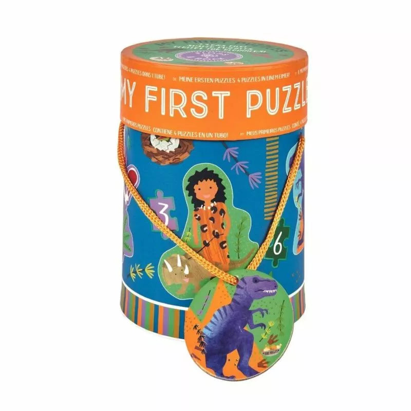 A Floss & Rock First Puzzle Dino in a tin can.
