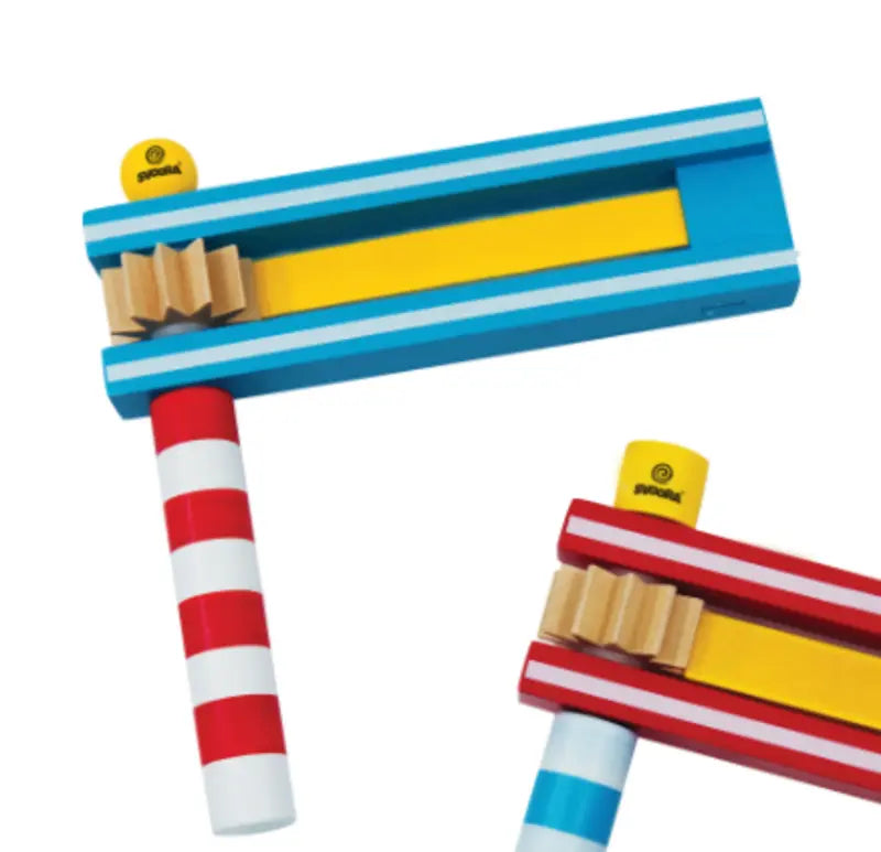 Two Football Rattle Blue noisemakers—classic wooden toys with blue stripes, yellow bars, and striped handles—placed on a white background, making them a perfect addition to any Colorful Wooden Rattle collection.