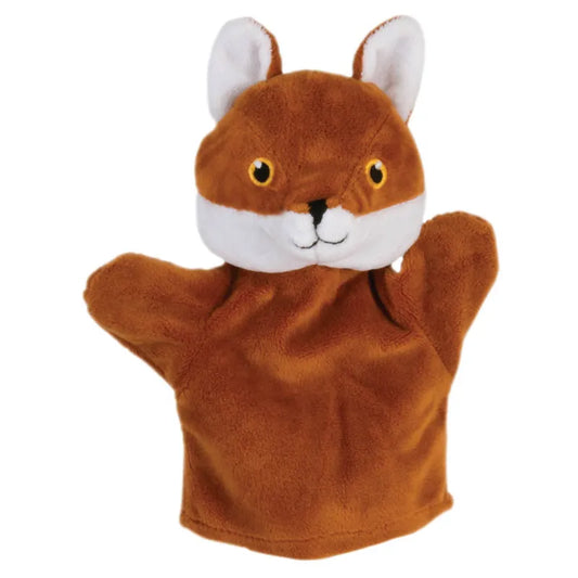 The Puppet Company My First Puppet Fox is brown and white with large yellow eyes, small upright ears, and two side arms. Designed for interactive play, it fits on a hand with soft plush fabric perfect for engaging storytelling and enhancing language skills.