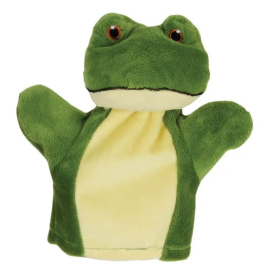 The Puppet Company My First Puppet Frog is a green and yellow hand puppet with large eyes and a wide mouth, crafted from soft fabric. It has arm openings for finger animation, perfect for interactive play and enhancing language development skills.