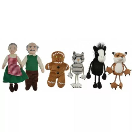 A set of playful Gingerbread Man finger puppets are arranged on a white surface, perfect for a fun puppet show with kids.