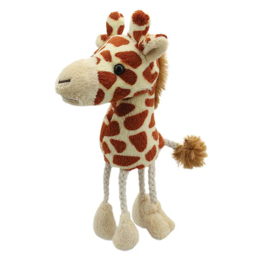 The Puppet Company Giraffe Finger Puppet stands upright with orange and beige patches, a long neck, short mane, and tufted tail. With rope legs and large black eyes, it's perfect for imaginative jungle-themed storytelling adventures.