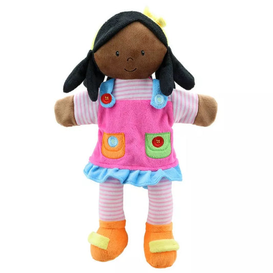 A kids' puppet show featuring a hand puppet girl with black hair and a pink dress.