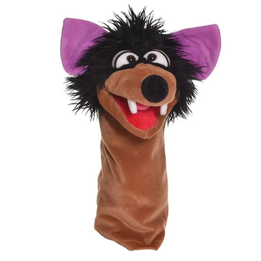 The Living Puppets Dieter Hand Puppet is a long-sleeved puppet that looks like a cartoonish black and brown rat or bat, featuring large purple ears, big eyes, a wide open mouth with a red tongue, and two white fangs.