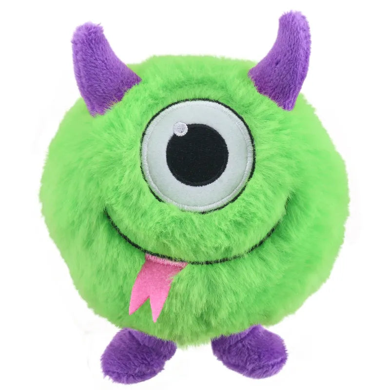 The Glunk Micro Monster Finger Puppet by The Puppet Company is a round, green plush toy with one large embroidered eye, a smiling mouth with pink tongue out, two purple horns, feet, fluffy fur, and a cute cartoonish design.