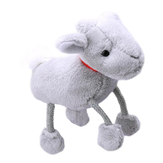 The Puppet Company Goat Finger Puppet is a gray sheep-like plush toy with a red collar. It has a soft body, four rope-like legs, and plush hooves, making it perfect for creative play, storytelling, and cuddling due to its cute appearance and fluffy texture.