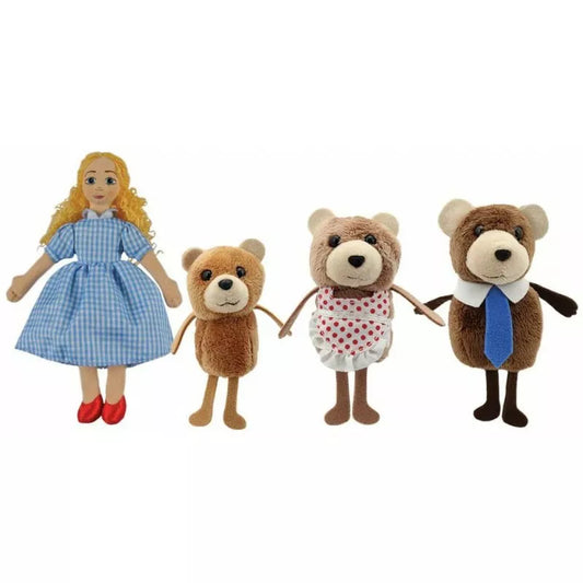 The Puppet Company Goldilocks & The Three Bears Finger Puppets includes a curly blonde haired doll in a blue checkered dress and red shoes, alongside three teddy bears of different sizes donning unique accessories—perfect for imaginative storytelling adventures.