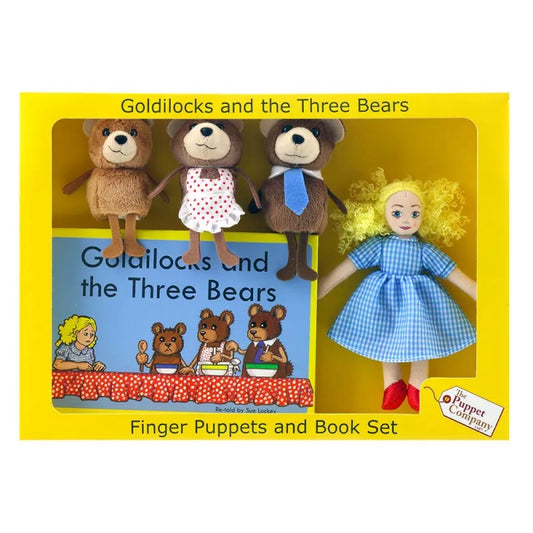 The Puppet Company Finger Puppet Story Set includes Goldilocks in a blue dress and three uniquely dressed bears, offering a delightful storytelling experience. It comes with a "Goldilocks & The Three Bears" book and is packaged in vibrant yellow.