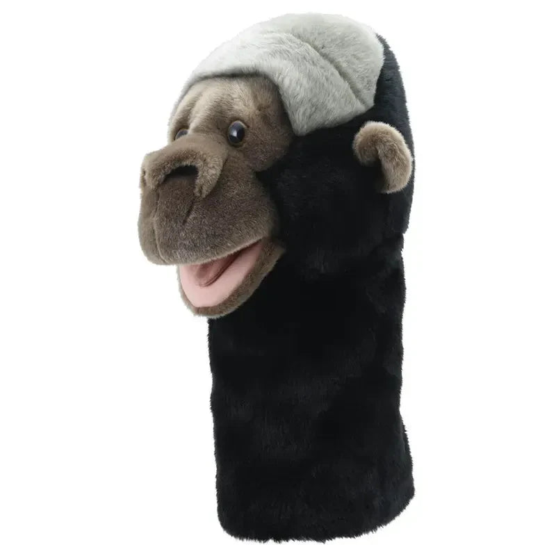 The Jumbo Friends Gorilla Hand Puppet, featuring gray and black fur, an open mouth, and visible ears, is pictured upright against a white backdrop. With its friendly expression, it's ideal for storytelling and captivating audiences.