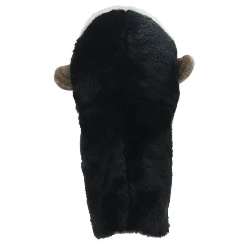 On a white background, the plush, black furry object with little brown ears resembles an animal's back. This whimsical creation is the Jumbo Friends Gorilla Hand Puppet, inviting storytelling and playful adventures.