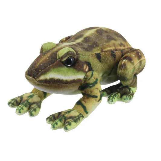 The Puppet Company Green Frog Finger Puppet from the Little Creatures Range features green and brown coloring with black markings and large eyes—perfect for imaginative storytime adventures.