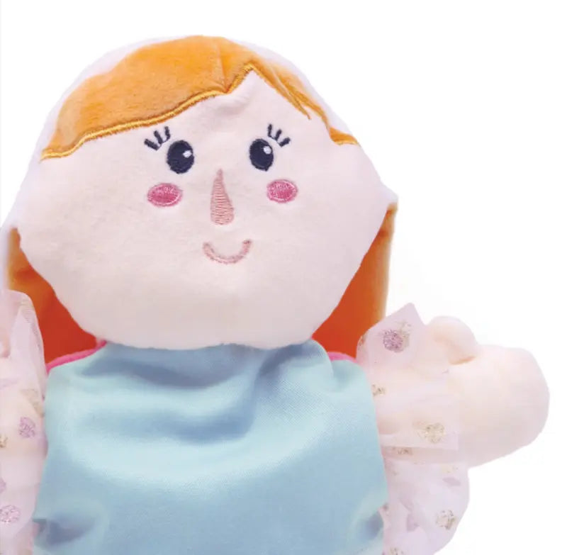 The Double-Face Hand Puppet Princess-Cinderella features soft orange hair, embroidered eyes and smile, a light blue dress, and puffy polka dot sleeves—ideal for creative play as a hand puppet. Set against a white background.