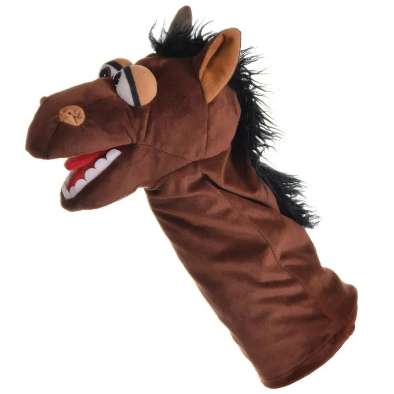 The Living Puppets Fred Jonatan Hand Puppet is a brown horse with a black mane, large eyes, and a wide open mouth showing white teeth and a red interior. Its charming tousled mane enhances its entertaining appeal, all set against a plain white background.