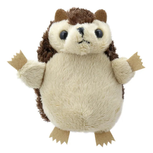 The Puppet Company Hedgehog Finger Puppet features a round, fluffy body with felt-like arms and feet, dark eyes, and a cute expression. It has brown fur on its back and lighter beige fur on its belly and face, making it perfect for imaginative storytelling adventures!.