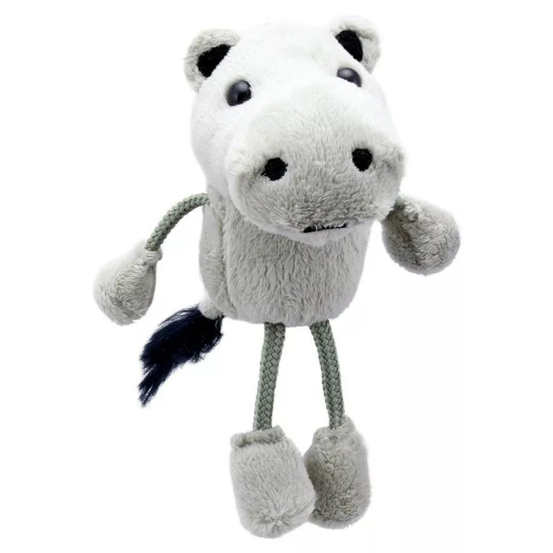 A small puppet with a The Puppet Company Hippo head for kids' puppet shows.