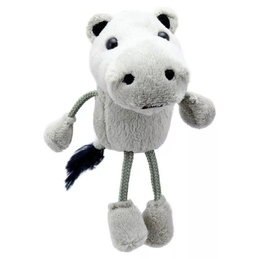A small puppet with a The Puppet Company Hippo head for kids' puppet shows.
