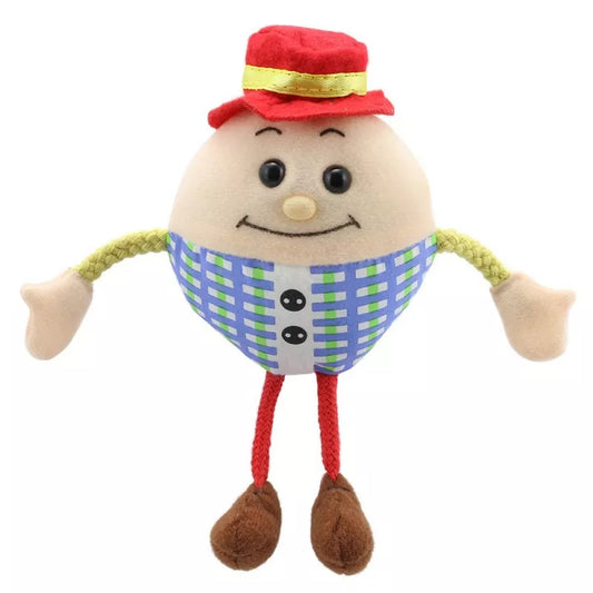 A Humpty Dumpty finger puppet with plaid accessories, perfect for kids puppet shows.
