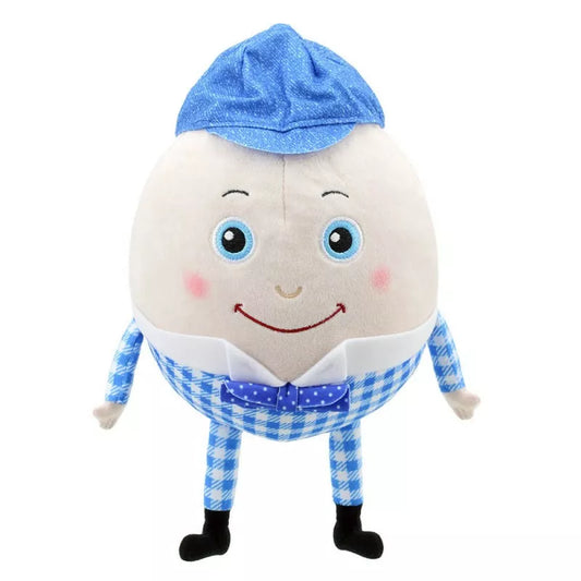The Story Time Humpty Dumpty soft toy, with its smiling egg-like appearance and nursery rhyme inspiration, features a blue cap, checkered bow tie, matching pants, black shoes, and pink cheeks. It’s a delightful piece for both children and collectors.