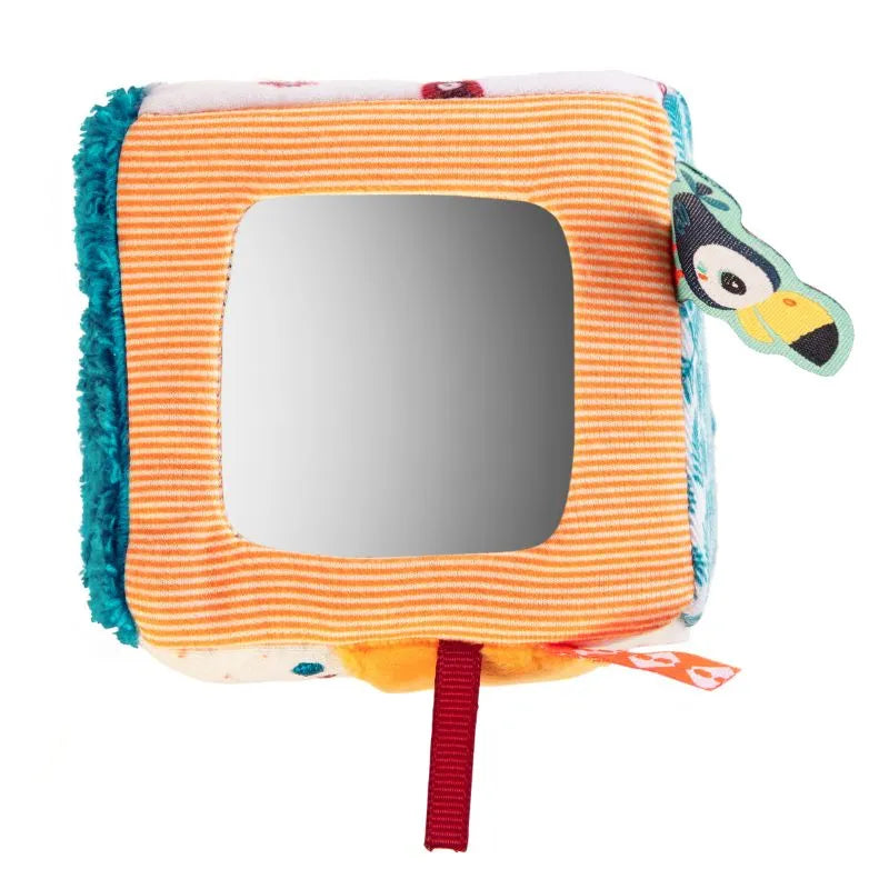 The Lilliputiens I'm Discovering Jack Activity Cube is a vibrant orange baby soft cube. It features a mirror, striped patterns, plush materials, a small toucan design, and corner loops for attachments, making it ideal for engaging babies through developmental stages.