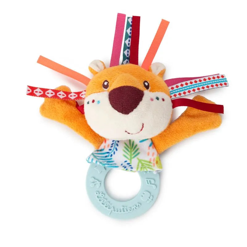 Meet the Lilliputiens I'm Discovering Jack Teething Rattle, a plush baby toy with an orange body and vibrant ribbons. It features a gentle blue teething ring, colorful patterned torso, and sports a big brown nose to delight infants.