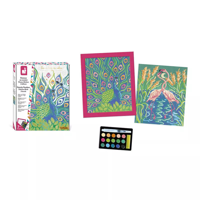 A Janod Paint By Numbers Fabulous Birds kit and a card with a picture of a peacock.