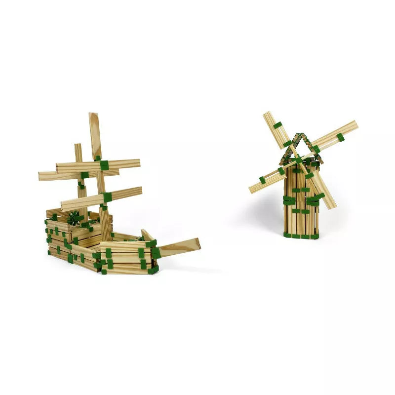 The Join Clips Construction Home Edition 200 enhances STEM skills by building a ship with a raised mast and a windmill with rotating blades using interlocking sticks and green connectors against a plain white background.