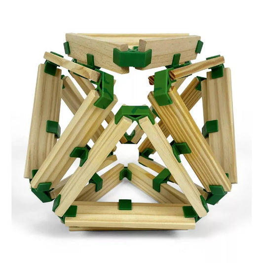 The Join Clips Construction Home Edition 200 forms a complex geometric shape with triangular wooden pieces and green plastic connection clips. The symmetry and open center highlight STEM skills in its intricate design.