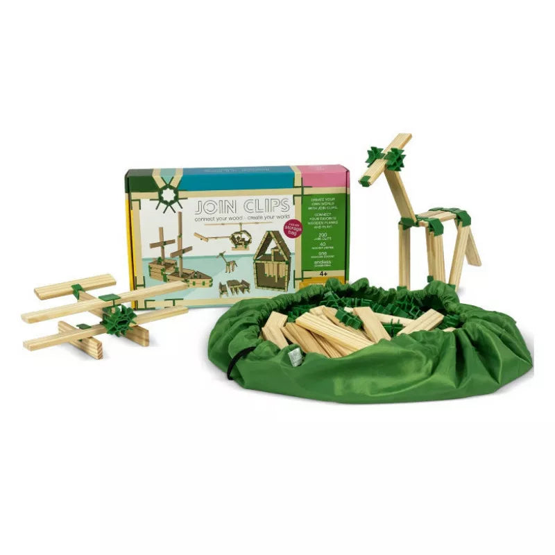 The Join Clips Construction Home Edition 200 toy set features wooden sticks and connection clips for building structures. It includes a green fabric bag, showcases examples of creations like animals and structures on the packaging, and is perfect for enhancing STEM skills.
