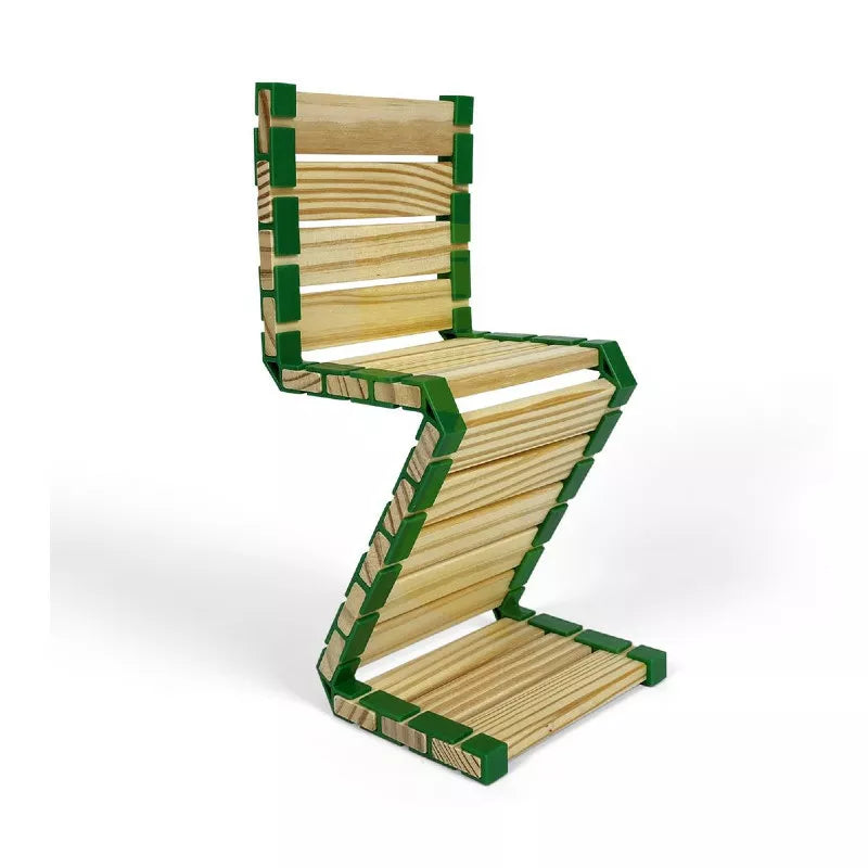 The Join Clips Construction Home Edition 200 features a modern, minimalist Z-shaped design with light wood slats and green corner accents. Skillfully crafted using connection clips, it has no visible legs or armrests to enhance its sleek appeal.