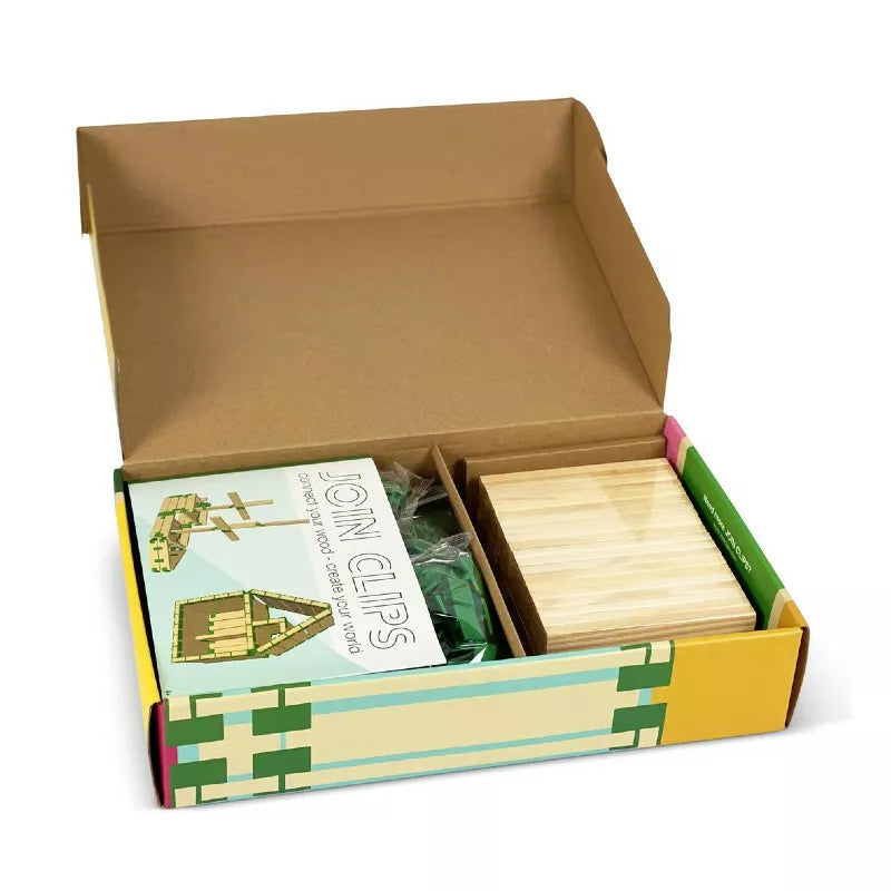 Open the Join Clips Construction Home Edition 200, a colorful cardboard box that includes wooden construction boards, connection clips, and an instruction booklet to help construct various models and foster STEM skills.