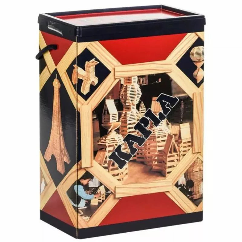A rectangular box of KAPLA® Construction 200 Planks in vibrant red and black. The box features images of creative wooden structures with the iconic KAPLA logo at its center.
