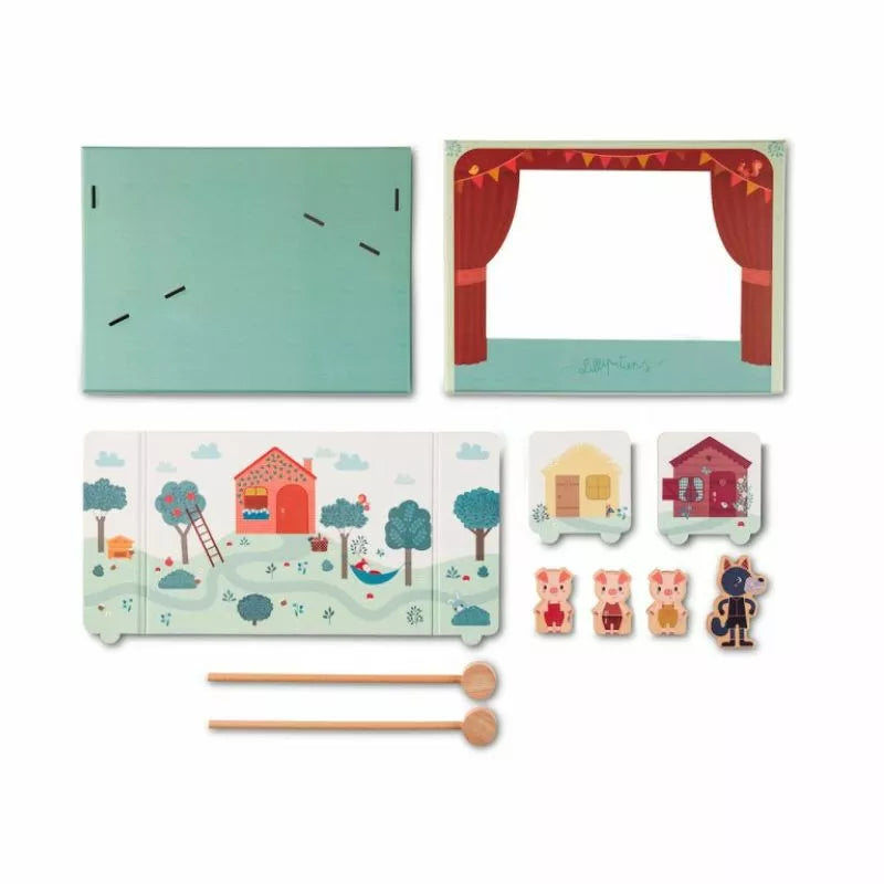 A set of Lilliputiens Wolf and 3 Little Pigs Magnetic Theatre and a wooden box.