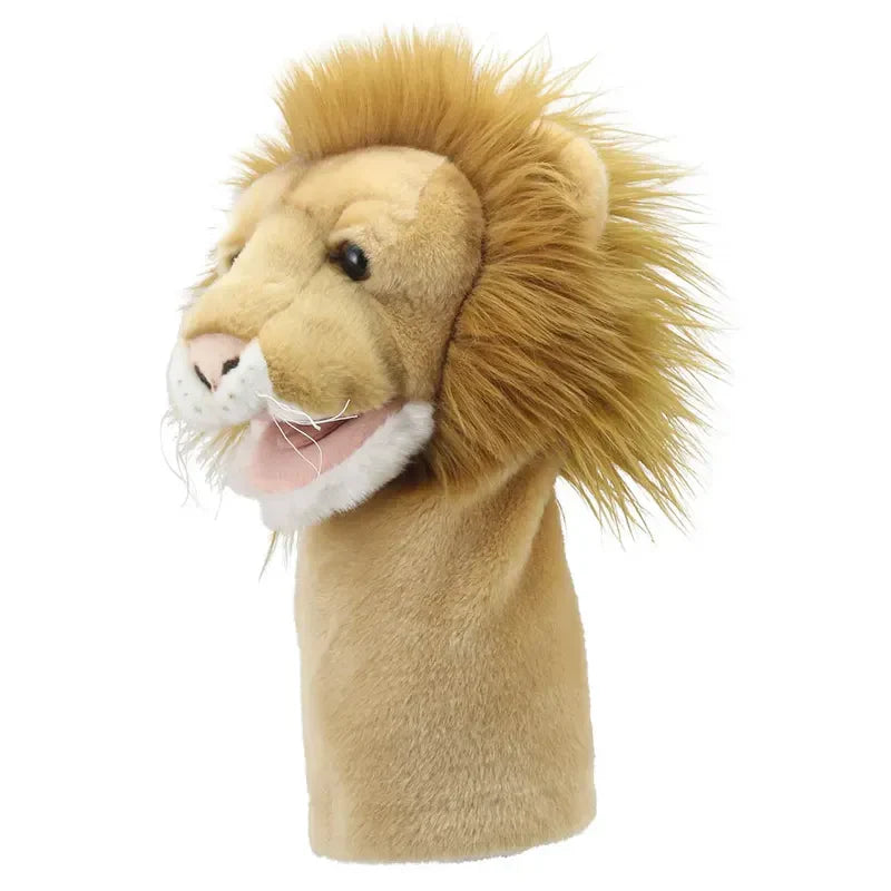 Against a white background, the Jumbo Friends Lion Hand Puppet is displayed with its fluffy mane and open mouth, facing slightly left to highlight its lifelike fur and facial features.