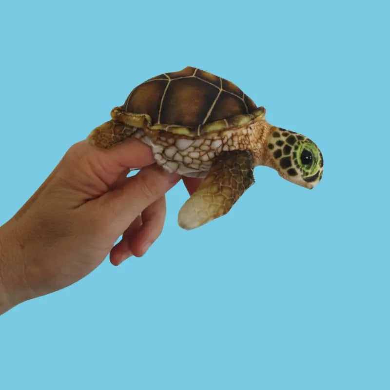 A hand holds The Puppet Company Turtle Finger Puppet from the Little Creatures Range against a solid light blue background.