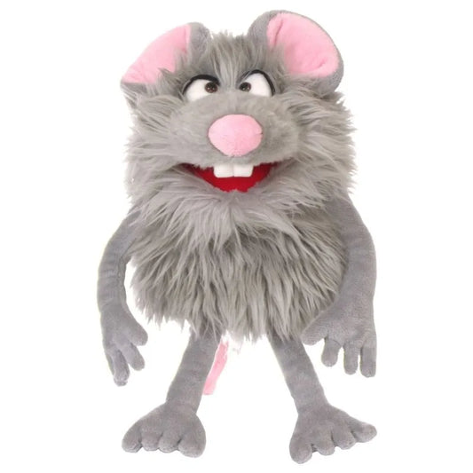 The Living Puppets Tuddel is a gray, fluffy hand puppet resembling a mouse with large pink ears, a round nose, and big eyes. It has a wide red mouth with a cheerful expression and exaggerated limbs, making it perfect for imaginative play.