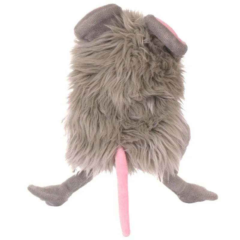 The Living Puppets Tuddel is a plush toy resembling a fluffy gray mouse, viewed from the back, with a pink tail, gray limbs, and pink ears. Its long shaggy fur turns it into a delightful hand puppet perfect for imaginative play.