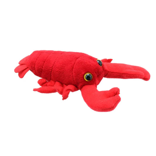 A bright red plush lobster toy lies flat against a white background, featuring large claws and stitched eyes, ideal for storytelling and play as The Puppet Company Red Lobster Finger Puppet.