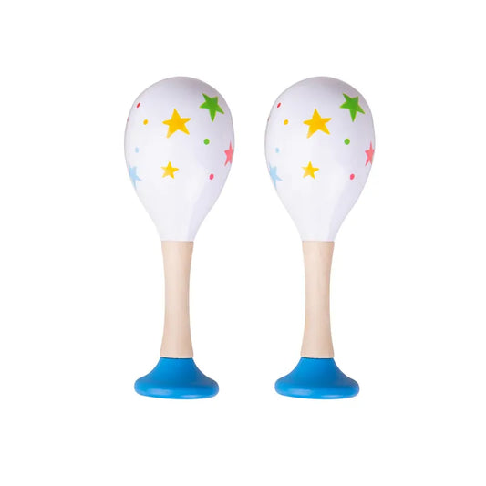 The Bigjigs Junior Maracas Blue are two white, toddler-friendly maracas with blue handles, adorned with yellow stars and colorful dots, standing upright against a plain white background. They offer a delightful introduction to rhythm and sound for little ones.