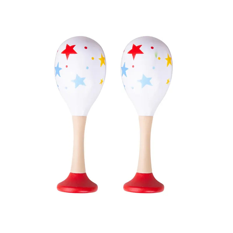 The Bigjigs Junior Maracas Red feature two wooden maracas with white tops, adorned with red, blue, and yellow stars and dots. Perfectly crafted as an enchanting music toy for toddlers, the handles are a light beige that seamlessly transitions into red at the base. These maracas stand upright against a white background.