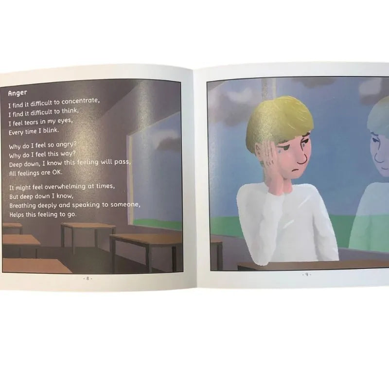 An open book from "Meaningful Mindful Poetry 8 to 11 Years" reveals a poem titled "Anger," which centers on emotional wellbeing for kids by exploring feelings and coping mechanisms. On the right, an illustration depicts a blond-haired child in a classroom, thoughtfully contemplating, embodying the essence of children's mindfulness poetry in action.