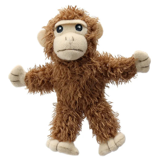 The Puppet Company Monkey Finger Puppet is perfect for creative play, featuring light brown fur with a cream-colored face, hands, and feet. It has large black eyes and a stitched mouth, with arms and legs positioned as if in lively motion.
