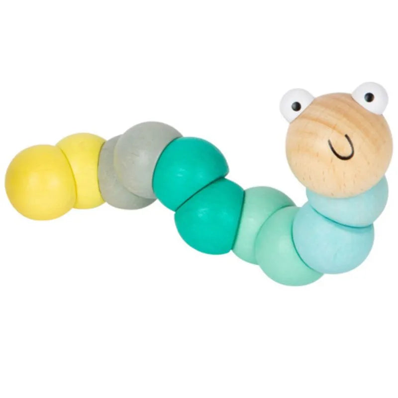 The Motor Activity Caterpillar Pastel Blue is a wooden toy with a smiling face, big eyes, and rounded beads in pastel blue and natural wood tones—perfect for developing fine motor skills.
