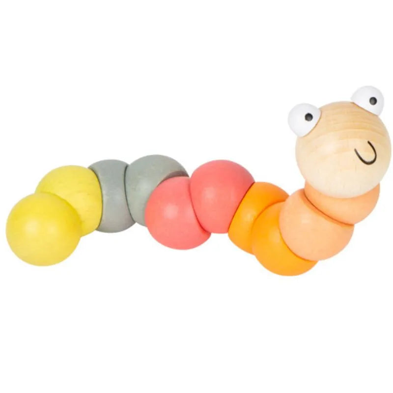 The Motor Activity Caterpillar Pastel Orange is a colorful wooden toy with segmented pastel yellow, gray, pink, orange, and natural wood parts. Its large cartoon eyes and smile help encourage fine motor skills during play.