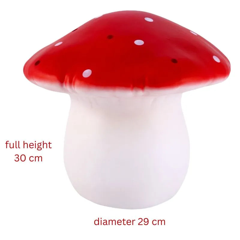 The Lamp Large Mushroom Red is a 30 cm tall German-made decor piece with a 29 cm red-and-white spotted cap and white stem, ideal for children's bedrooms.