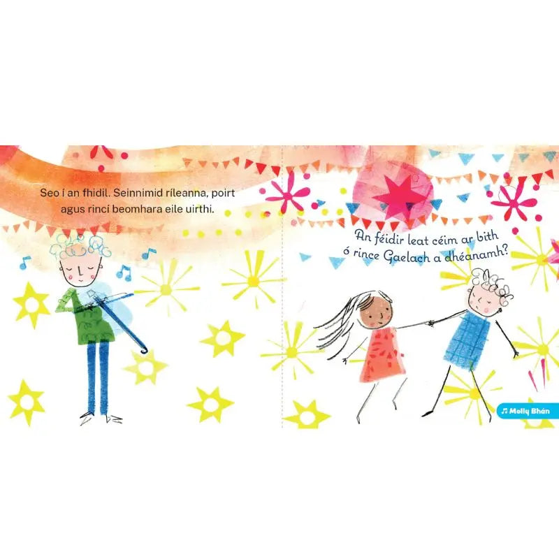 A lively page from "Mo Chuid Uirlisí Ceoil" shows children playing a fiddle and dancing, with colorful stars and musical notes. Irish text appears above the characters on a bright, cheerful background from this musical instruments book.