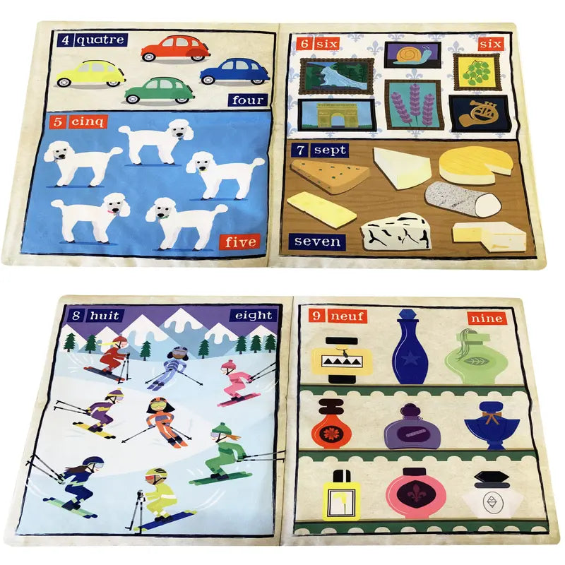The Crinkly Cloth Book Count To 10 In French features illustrated counting boards from four to nine with cars, poodles, and more—each labeled in French and English. Ideal for teaching counting in French and makes a charming baby gift!.